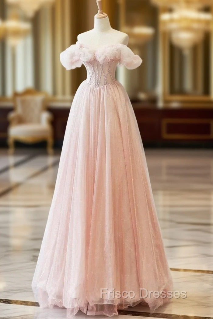 A-line Pink Off Shoulder Beaded Sweetheart Party Dress, Pink Tulle Formal Prom Dress Main image