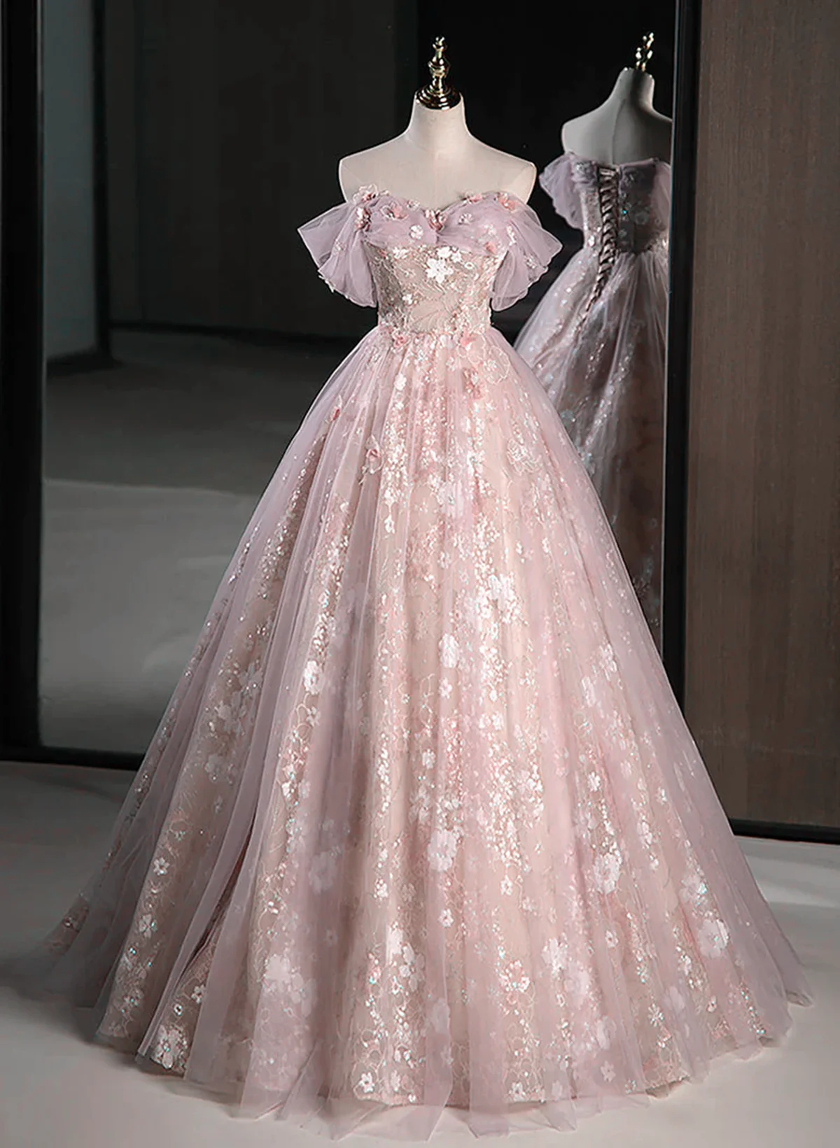 A-Line Pink Off Shoulder Sweetheart Lace And Tulle Prom Dress, Pink Party Dress Main image