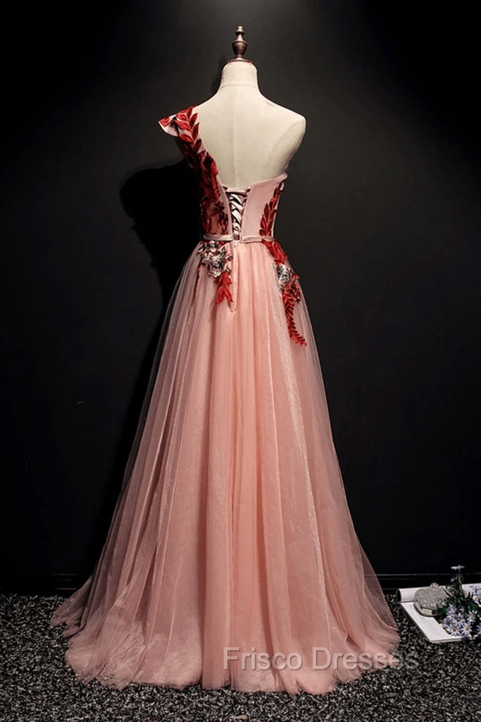 A Line Pink One Shoulder Tulle Red Applique Long Formal Prom Dress Evening Dress Secondary image