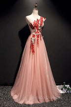 A Line Pink One Shoulder Tulle Red Applique Long Formal Prom Dress Evening Dress