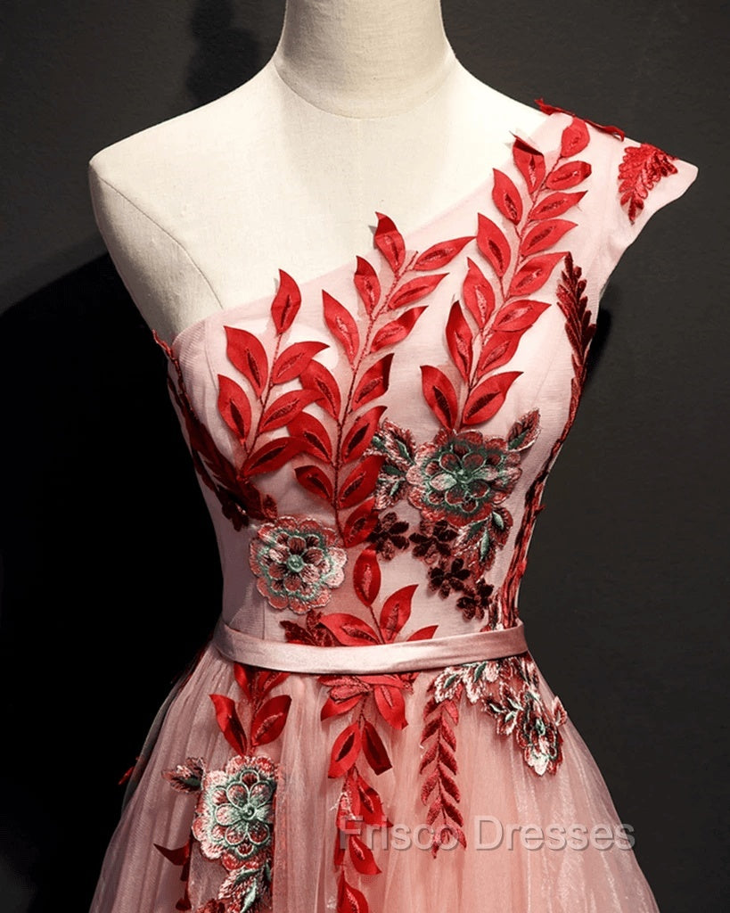 A Line Pink One Shoulder Tulle Red Applique Long Formal Prom Dress Evening Dress