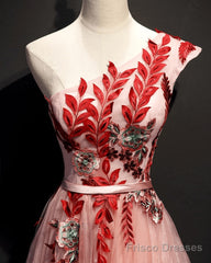 A Line Pink One Shoulder Tulle Red Applique Long Prom Dress Evening Dress