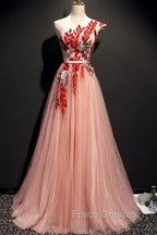 A Line Pink One Shoulder Tulle Red Applique Long Formal Prom Dress Evening Dress