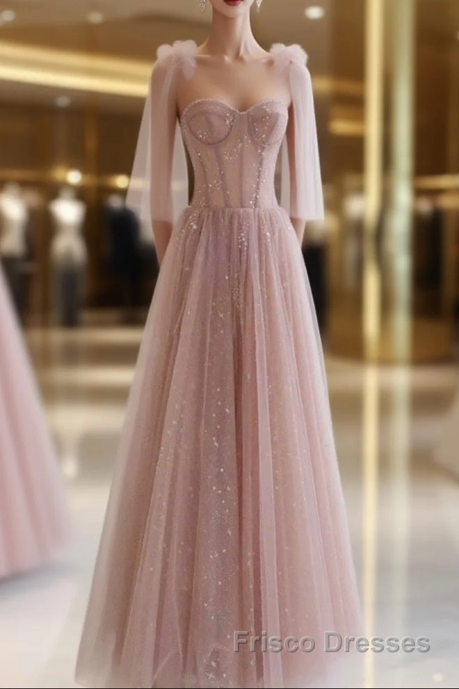 A-Line Pink Round Neck Tulle Long Formal Prom Dresses, Pink Formal Evening Dresses