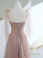 A-Line Pink Round Neck Tulle Long Formal Prom Dresses, Pink Formal Evening Dresses