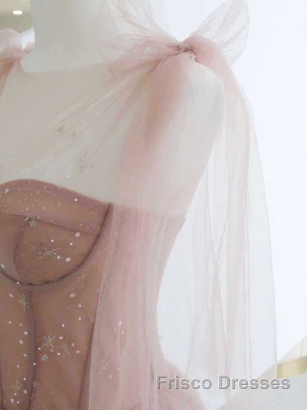 A-Line Pink Round Neck Tulle Long Formal Prom Dresses, Pink Formal Evening Dresses