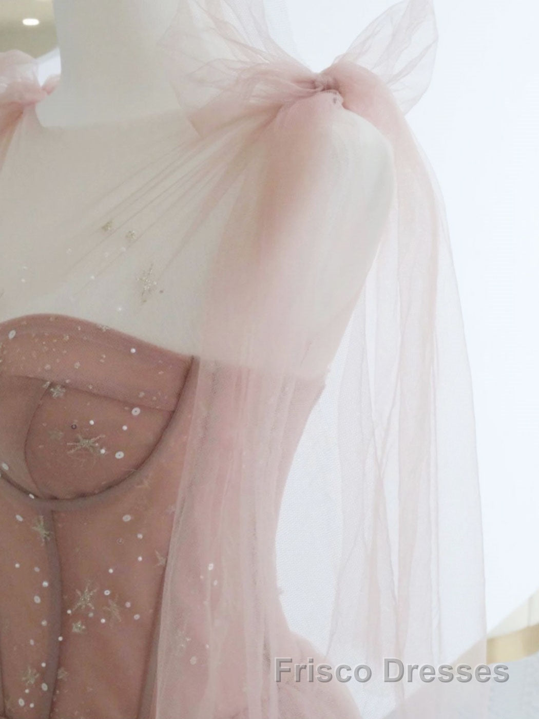 A-Line Pink Round Neck Tulle Long Formal Prom Dresses, Pink Formal Evening Dresses