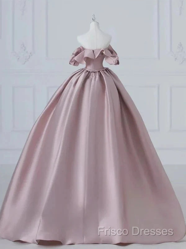 A-Line Pink Satin Long Off Shoulder Formal Prom Dress Quinceanera Dress Formal Dress