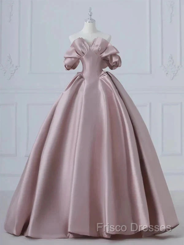 A-Line Pink Satin Long Off Shoulder Formal Prom Dress Quinceanera Dress Formal Dress