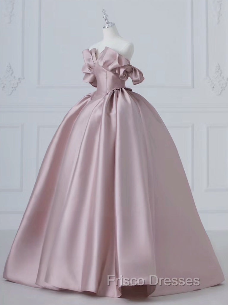 A-Line Pink Satin Long Formal Prom Dress, Pink Long Evening Dress