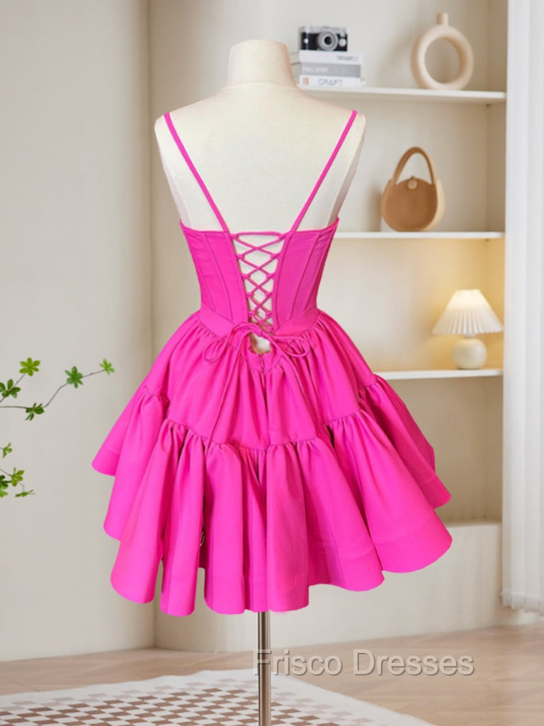 A-Line Pink Satin Short Formal Prom Dress, Backless Cute Pink Homecoming Dress