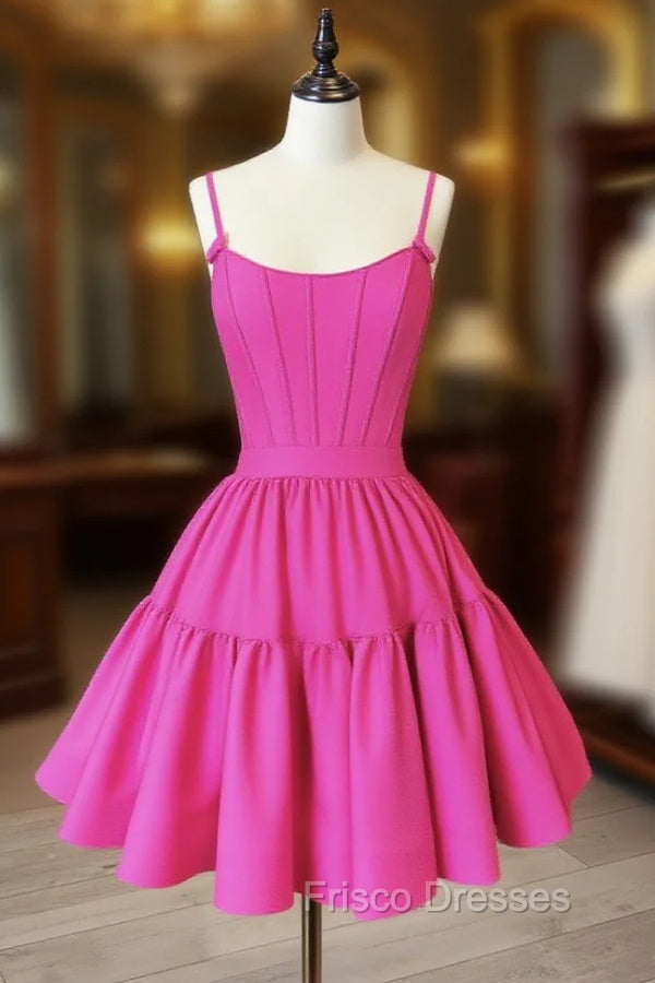 A-Line Pink Satin Short Formal Prom Dress, Backless Cute Pink Homecoming Dress Main image