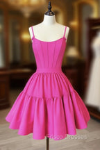 A-Line Pink Satin Short Formal Prom Dress, Backless Cute Pink Homecoming Dress