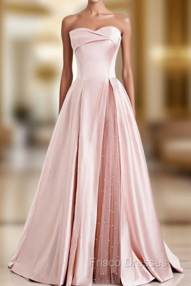 A-Line Pink Satin Strapless Pleats Long Formal Prom Dress