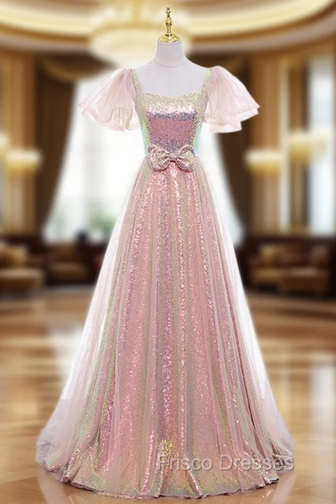 A-line Pink Sequins Puff Sleeve Formal Prom Dress Main image