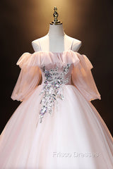 A-Line Pink Spaghetti Straps Long Formal Prom Dress, Pink Lace Formal Evening Dress