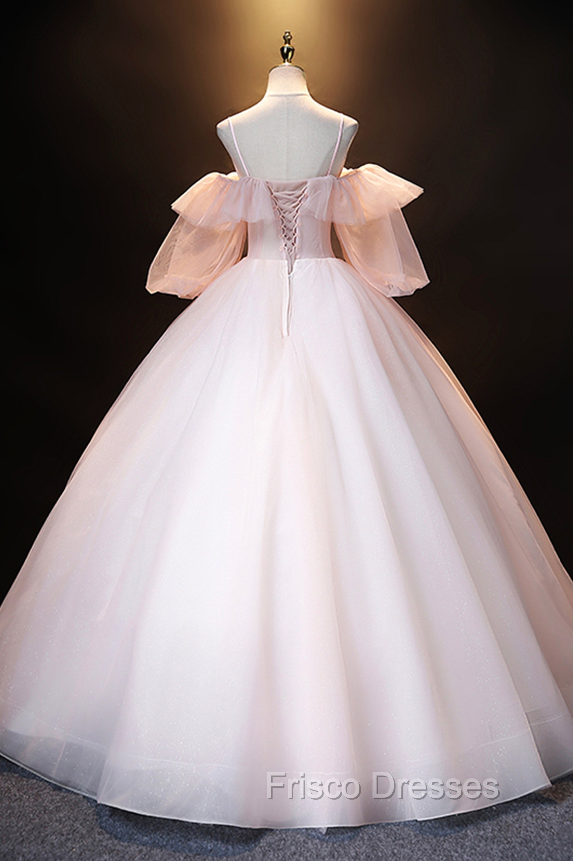 A-Line Pink Spaghetti Straps Long Formal Prom Dress, Pink Lace Formal Evening Dress