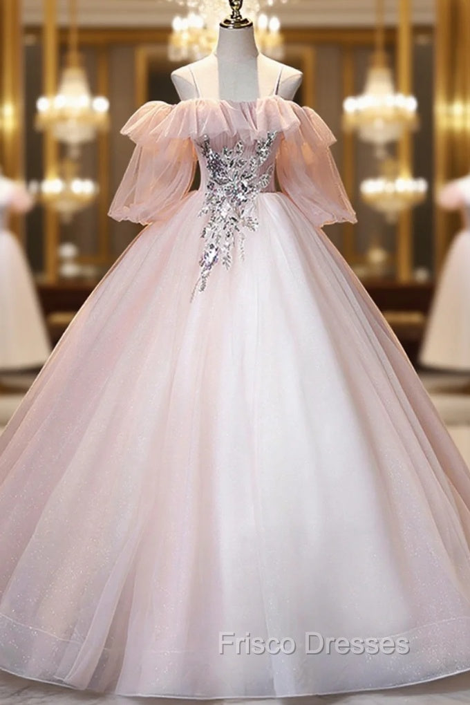 A-Line Pink Spaghetti Straps Long Formal Prom Dress, Pink Lace Formal Evening Dress Main image
