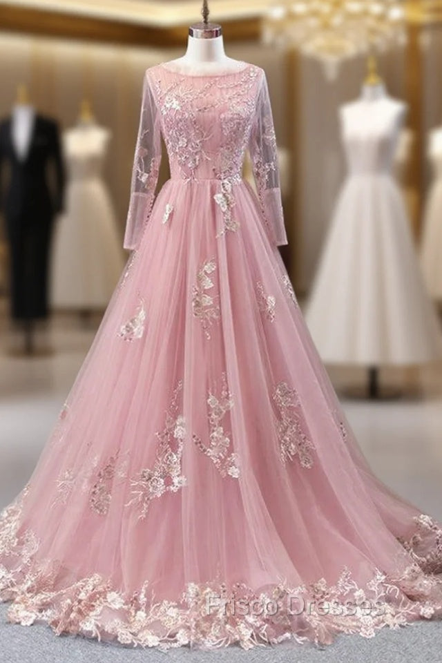 A-Line Pink Tulle Appliques Sequins Long Sleeve Formal Prom Dress