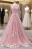 A-Line Pink Tulle Appliques Sequins Long Sleeve Formal Prom Dress
