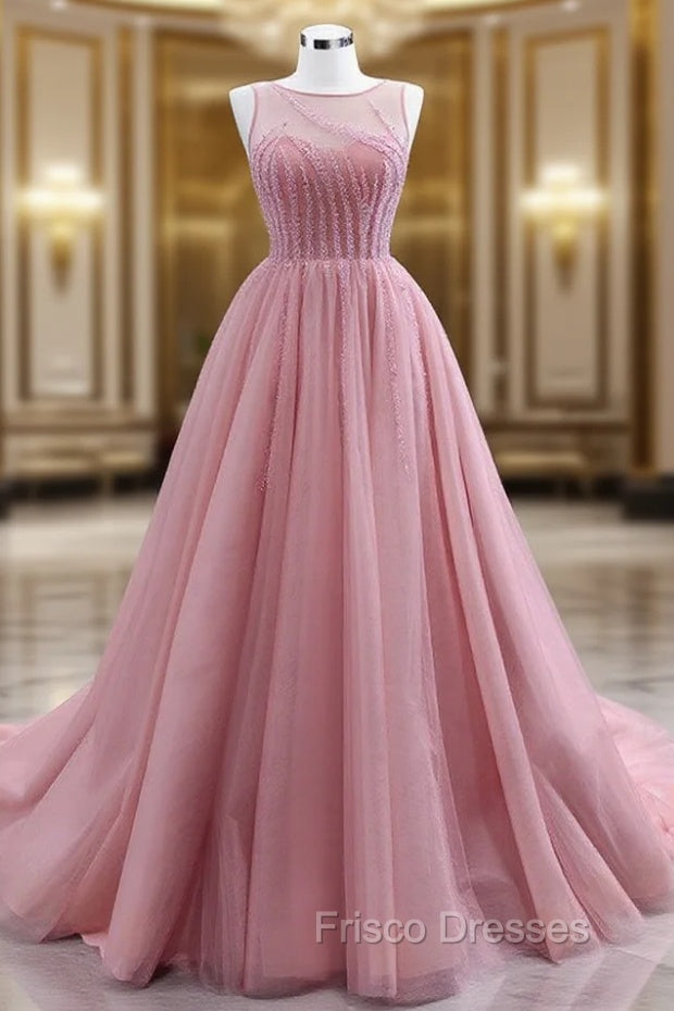 A-Line Pink Tulle Backless Beading Formal Prom Dress Main image