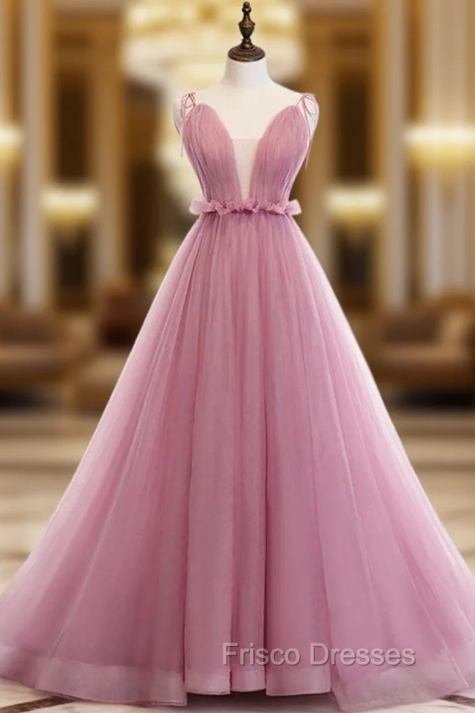 A-Line Pink Tulle Deep V-neck Backless Long Formal Prom Dress