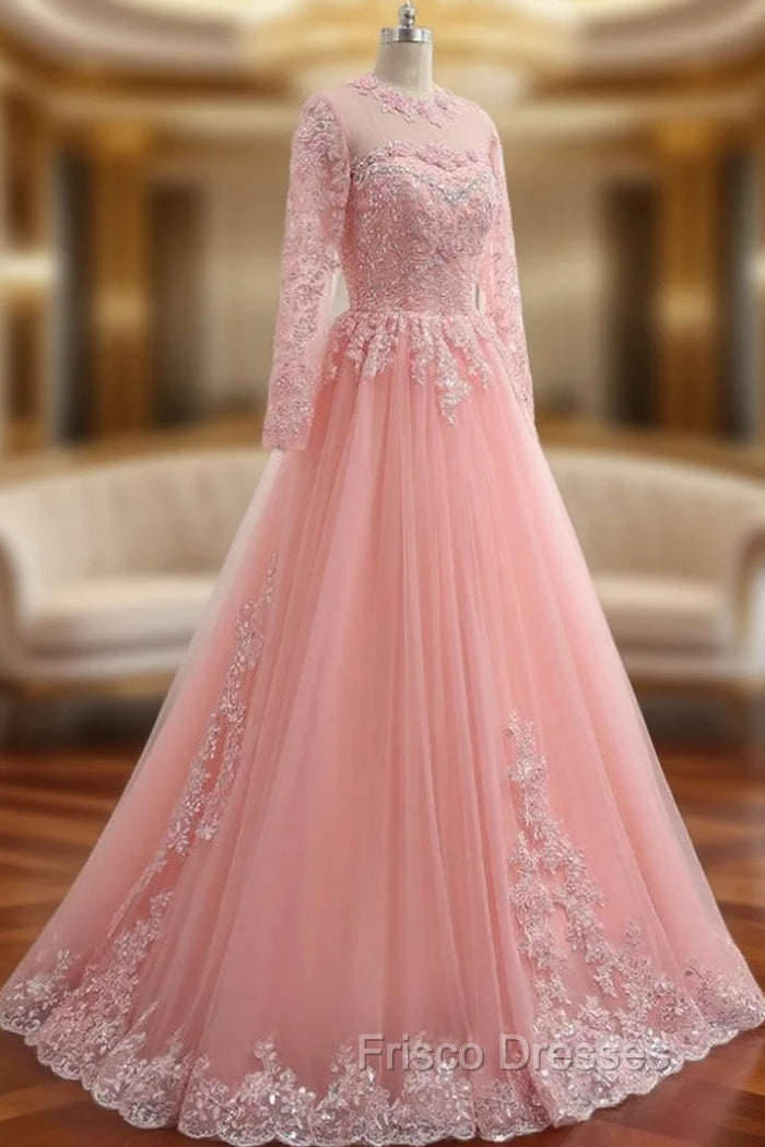 A-Line Pink Tulle Lace Appliques Long Sleeve Formal Prom Dress