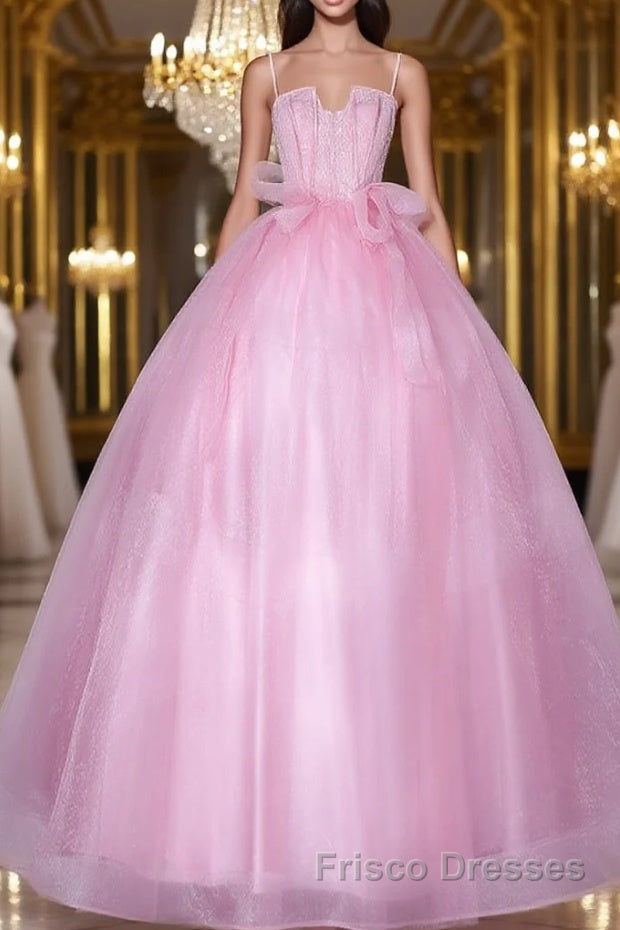 A-Line Pink Tulle Lace Long Formal Prom Dresses, Pink Formal Dresses