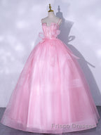 A-Line Pink Tulle Lace Long Formal Prom Dresses, Pink Formal Dresses