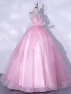 A-Line Pink Tulle Lace Long Formal Prom Dresses, Pink Formal Dresses