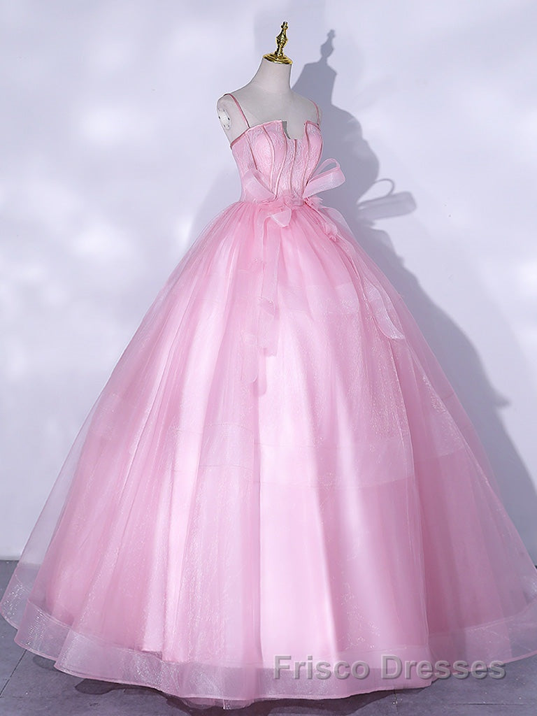 A-Line Pink Tulle Lace Long Formal Prom Dresses, Pink Formal Dresses