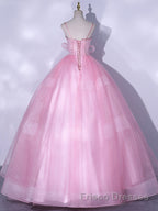 A-Line Pink Tulle Lace Long Formal Prom Dresses, Pink Formal Dresses