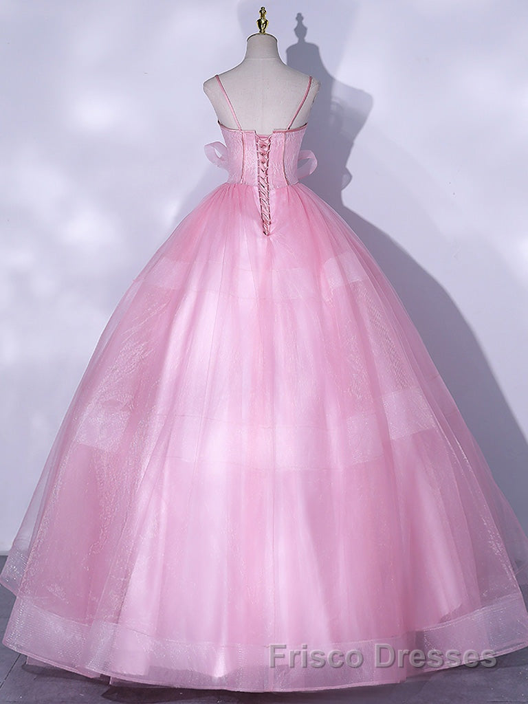 A-Line Pink Tulle Lace Long Formal Prom Dresses, Pink Formal Dresses