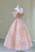 A Line Pink Tulle Lace Off The Shoulder Formal Prom Dress, Formal Dress