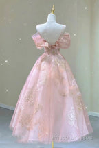 A Line Pink Tulle Lace Off The Shoulder Formal Prom Dress, Formal Dress