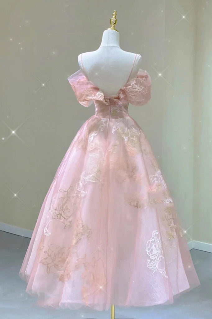 A Line Pink Tulle Lace Off The Shoulder Prom Dresses, Formal Evening Dress