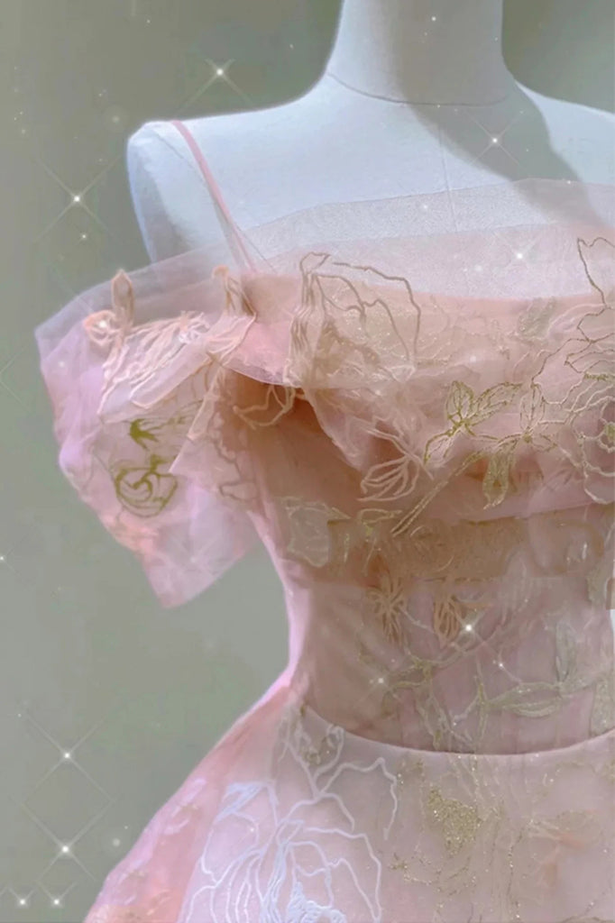 A Line Pink Tulle Lace Off The Shoulder Prom Dresses, Formal Evening Dress