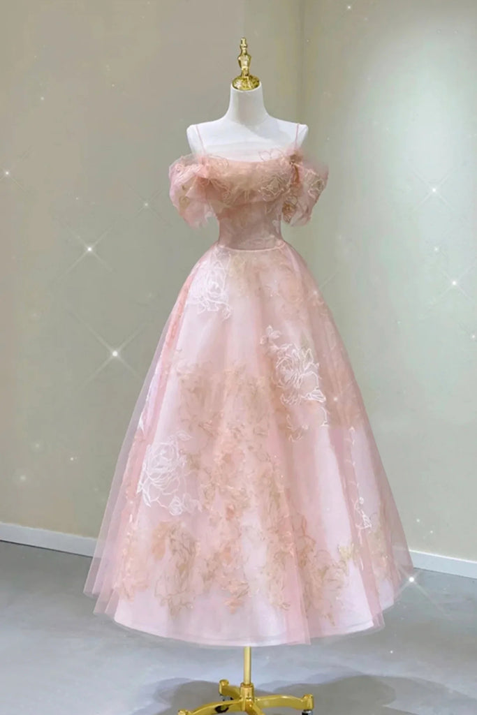 A Line Pink Tulle Lace Off The Shoulder Prom Dresses, Formal Evening Dress