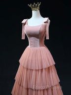 A Line Pink Tulle Long Formal Prom Dress, Pink Formal Graduation Dress