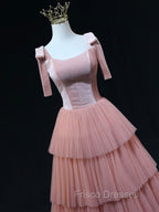 A Line Pink Tulle Long Formal Prom Dress, Pink Formal Graduation Dress