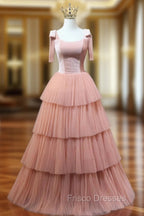 A Line Pink Tulle Long Formal Prom Dress, Pink Formal Graduation Dress