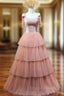 A Line Pink Tulle Long Formal Prom Dress, Pink Formal Graduation Dress
