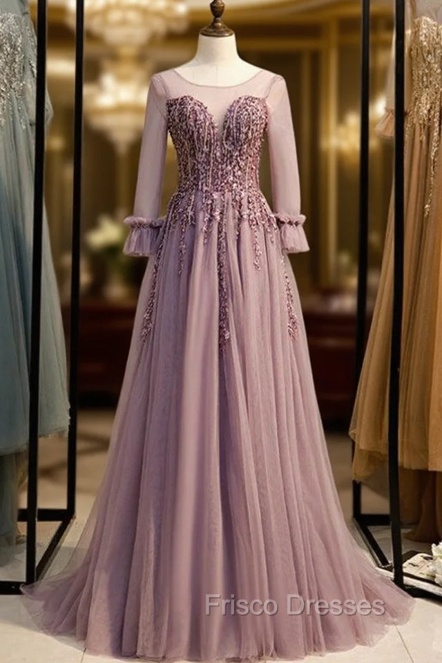 A-line Pink Tulle Long Sleeve Backless Beading Formal Prom Dress