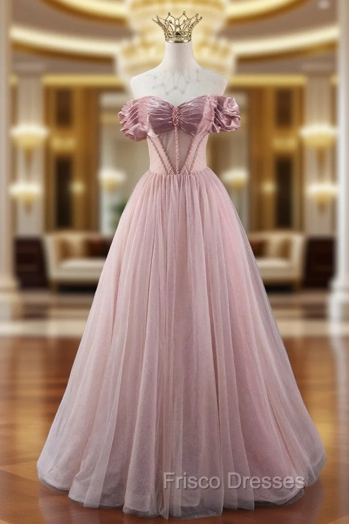 A-line Pink Tulle Off the Shoulder Beading Pleats Formal Prom Dress