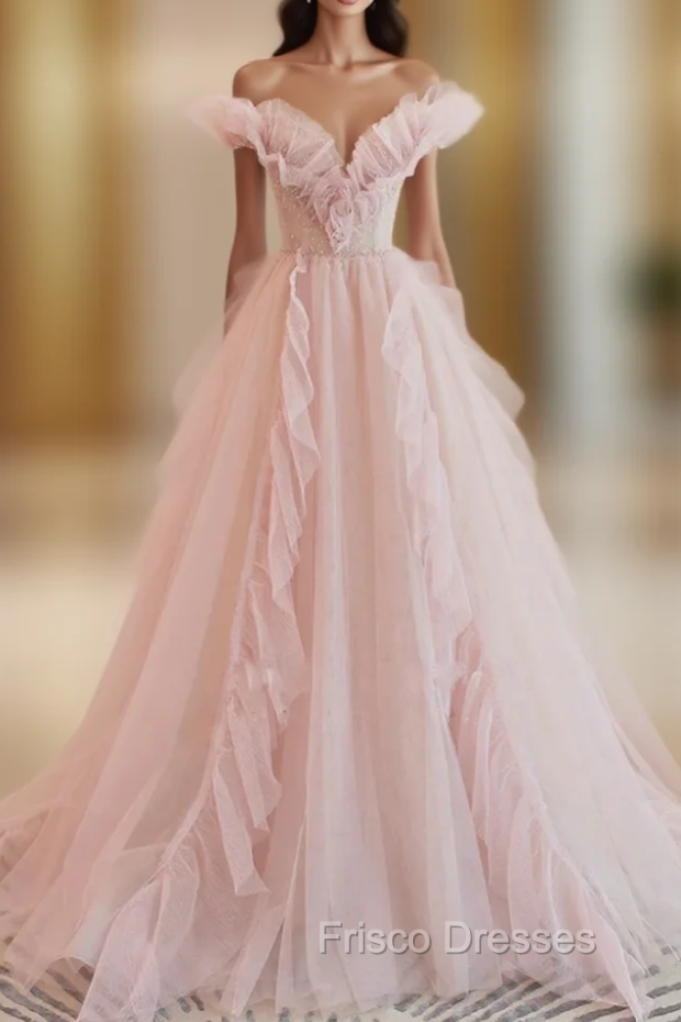 A-line Pink Tulle Off the Shoulder Formal Prom Dress