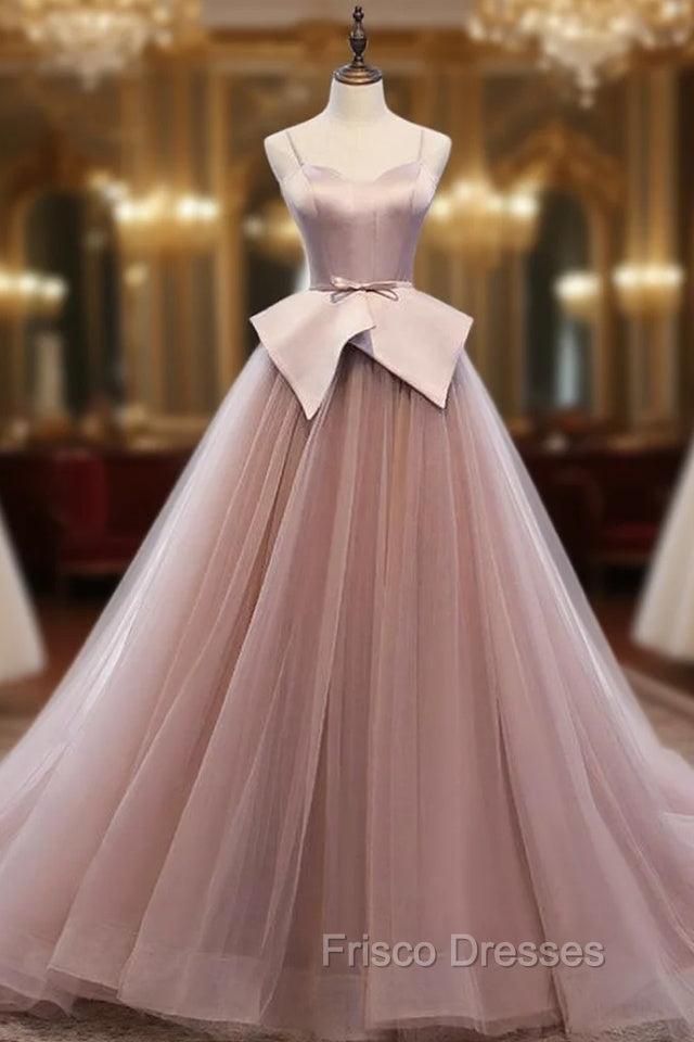 A-Line Pink Tulle Satin Spagehtti Straps Formal Prom Dress Main image