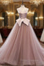 A-Line Pink Tulle Satin Spagehtti Straps Formal Prom Dress