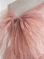 A-Line Pink Tulle Sequin Long Formal Prom Dress, Pink Formal Evening Dress