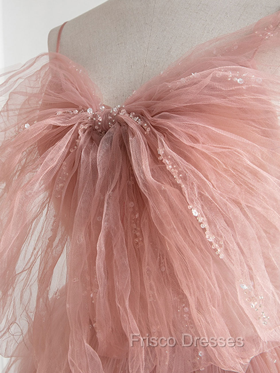 A-Line Pink Tulle Sequin Long Formal Prom Dress, Pink Formal Evening Dress