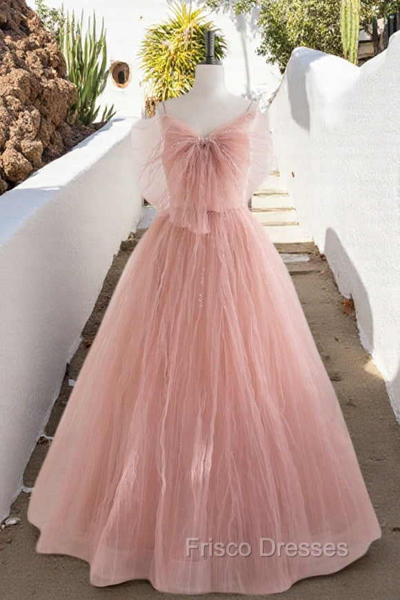 A-Line Pink Tulle Sequin Long Formal Prom Dress, Pink Formal Evening Dress Main image